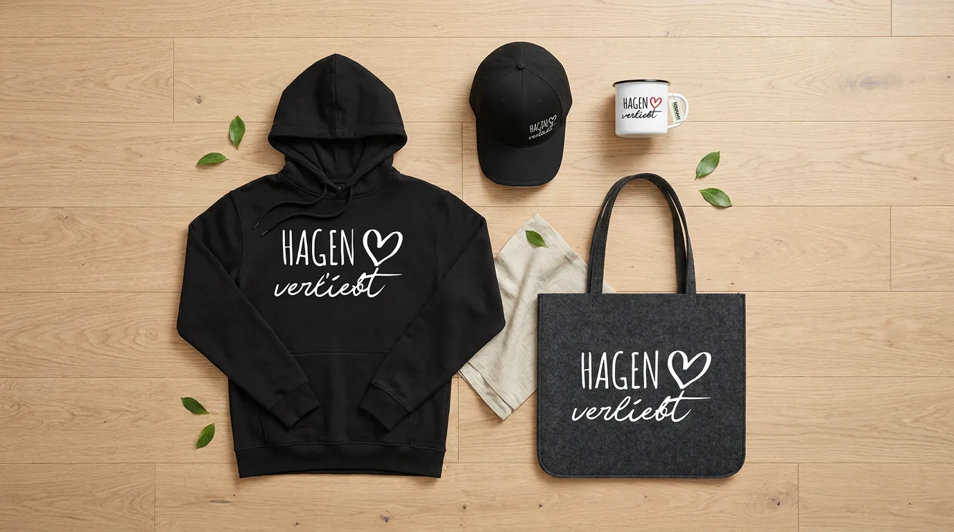 Hagen verliebt: Hoodie, Cap, Emaille-Tasse und Filzshopper von oben