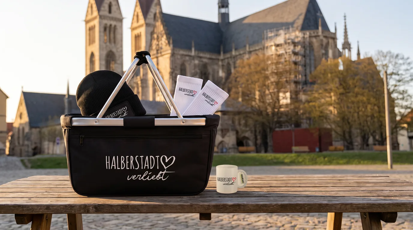 Schwarzer Einkaufskorb Halberstadt verliebt mit Beanie und Socken, daneben eine weiße Kaffeetasse auf einem Holztisch vor dem Halberstädter Dom