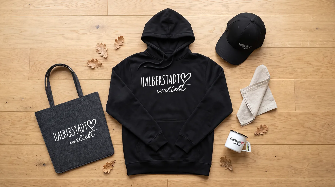 Flatlay mit schwarzem Hoodie Halberstadt verliebt, grauem Filzshopper, schwarzer Cappy und Emaille-Tasse auf Holzboden