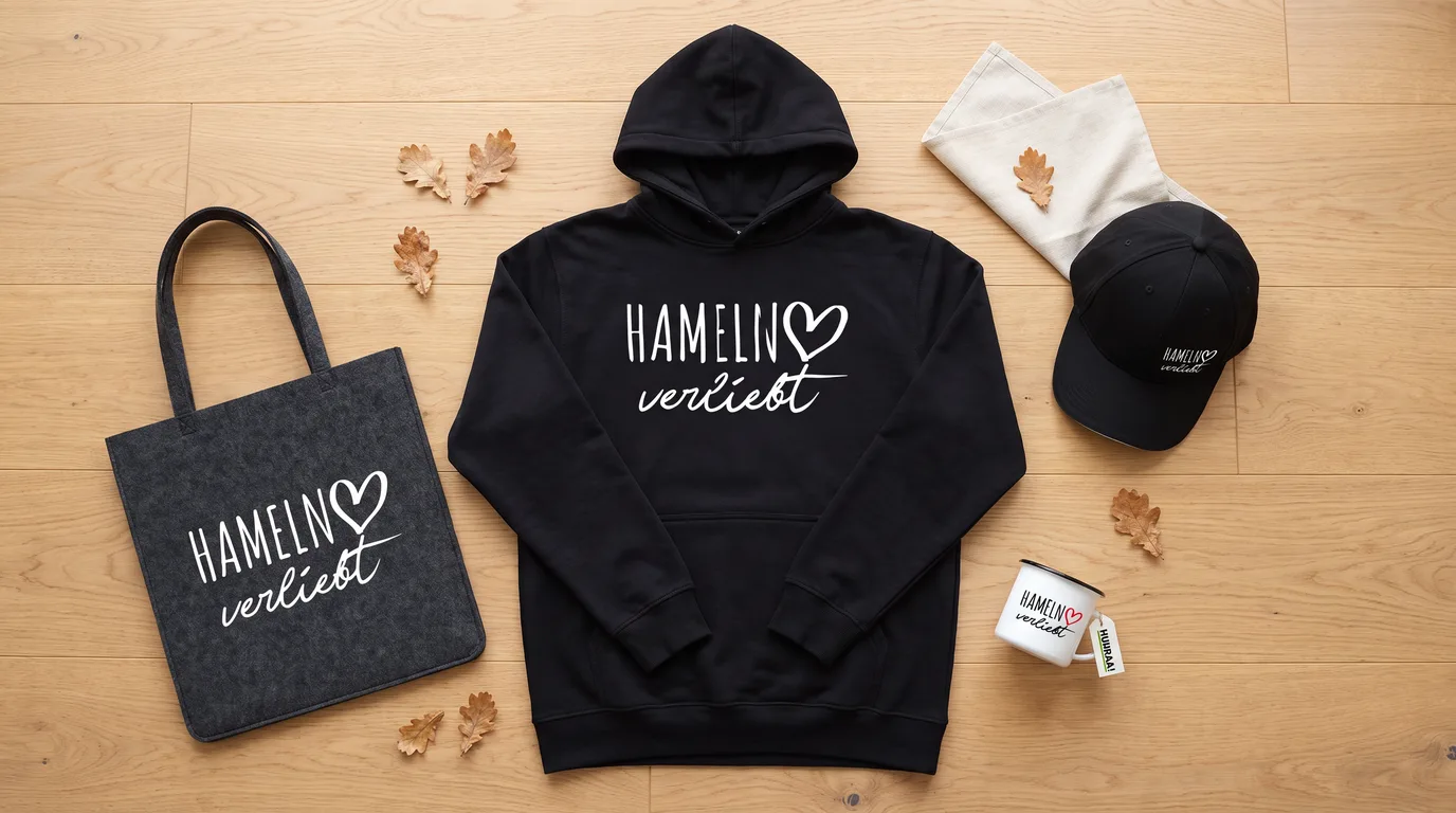 Flatlay mit schwarzem Hoodie, Cappy, Emaille-Tasse und Filzshopper „Hameln verliebt“ auf hellem Holzboden