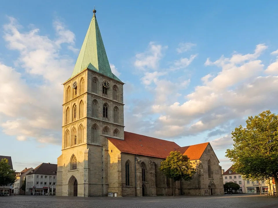 Die gotische Pauluskirche mit grünem Turmhelm am Marktplatz in Hamm