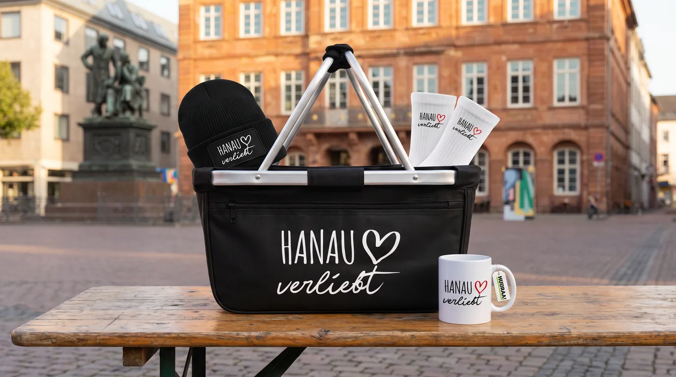 Faltbarer Einkaufskorb Hanau verliebt mit Beanie und Socken, daneben die Kaffeetasse, auf einem Holztisch vor dem Brüder-Grimm-Denkmal