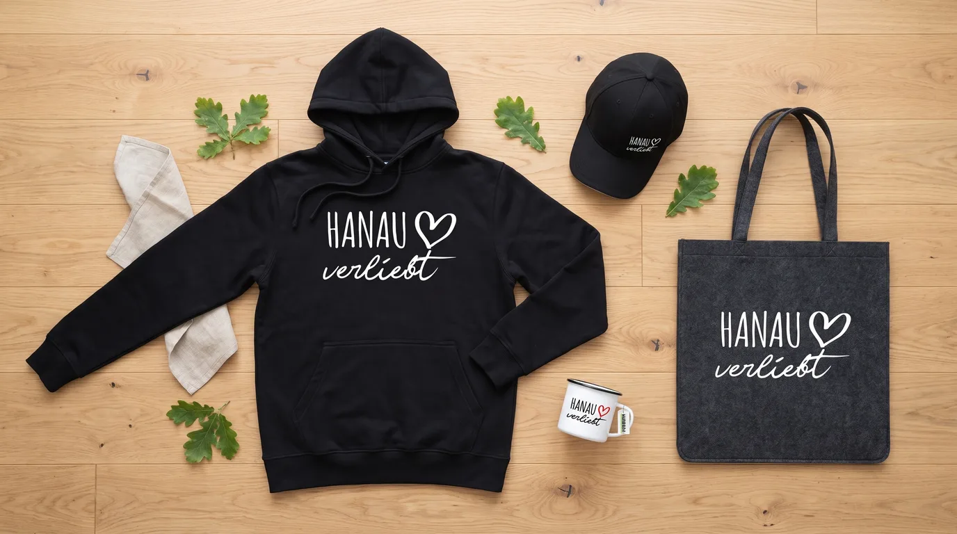 Flatlay mit schwarzem Hoodie, Cappy, Emaille-Tasse und grauem Filzshopper mit Hanau-verliebt-Druck auf Holzboden
