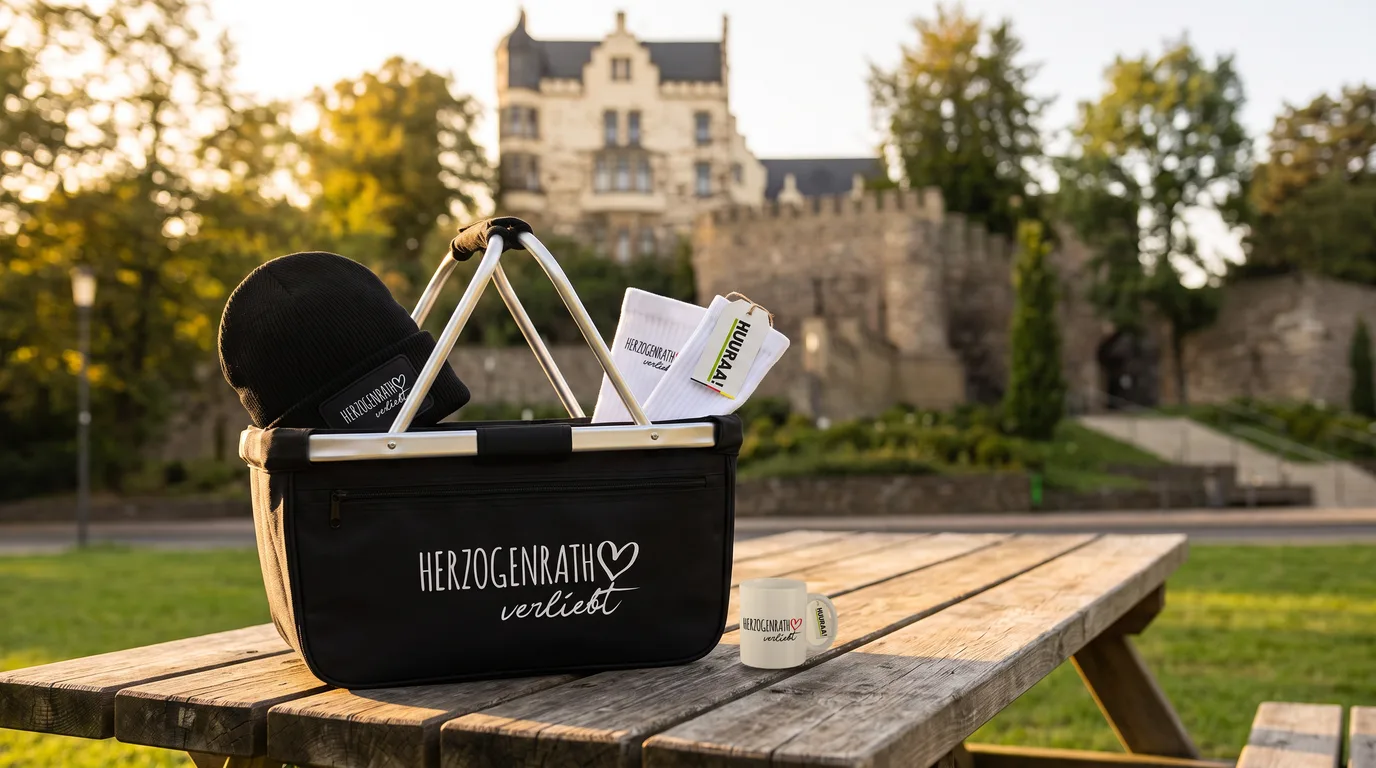 Schwarzer Einkaufskorb „Herzogenrath verliebt“ mit Beanie und Socken, daneben die Kaffeetasse, auf einem Holztisch vor Burg Rode