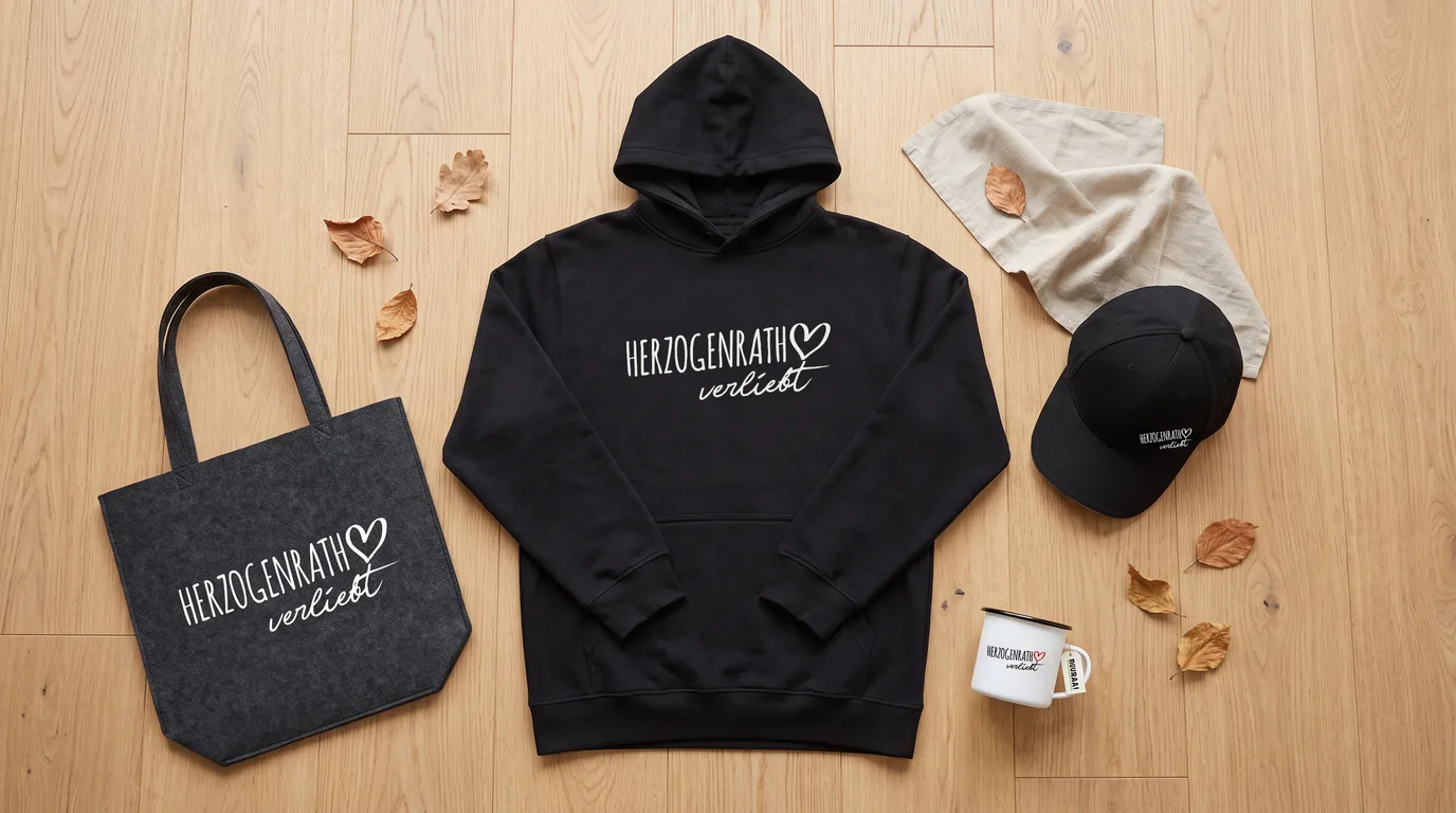 Flatlay mit schwarzem Hoodie „Herzogenrath verliebt“, Cappy, Emaille-Tasse und grauem Filzshopper auf Holzboden