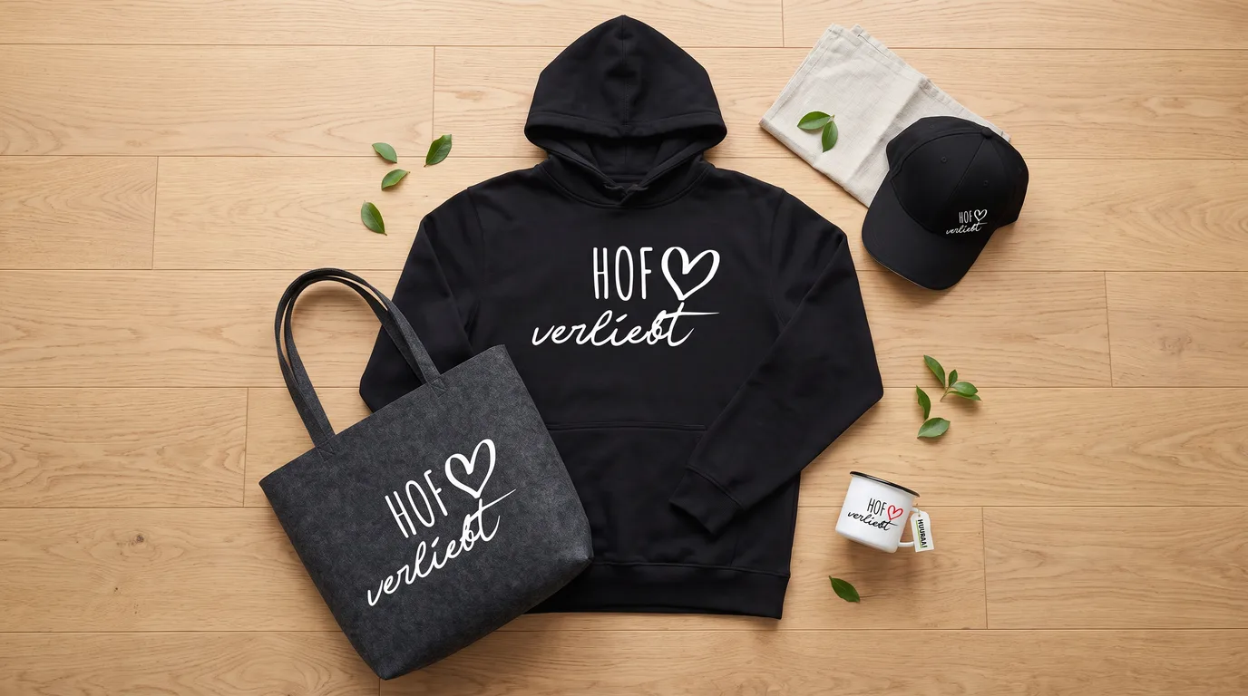 Flatlay mit schwarzem Hoodie Hof verliebt, Cappy, Emaille-Tasse und grauem Filzshopper auf Holzboden