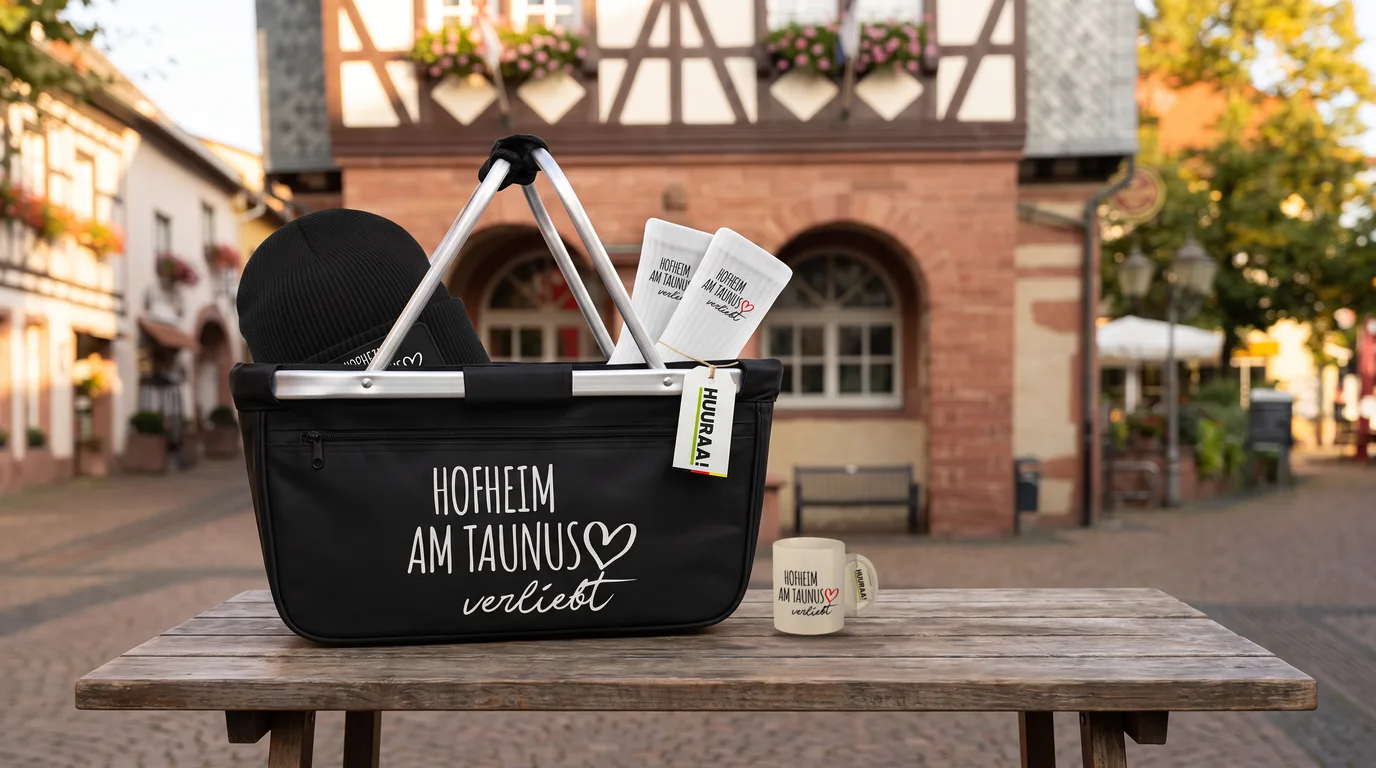 Schwarzer Einkaufskorb Hofheim am Taunus verliebt mit Beanie und Socken, daneben die weiße Kaffeetasse, auf einem Holztisch vor dem Alten Rathaus