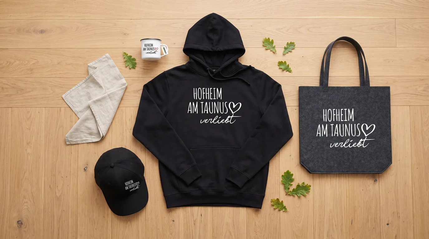 Flatlay mit schwarzem Hoodie Hofheim am Taunus verliebt, Cappy, Emaille-Tasse und grauem Filzshopper auf hellem Holzboden