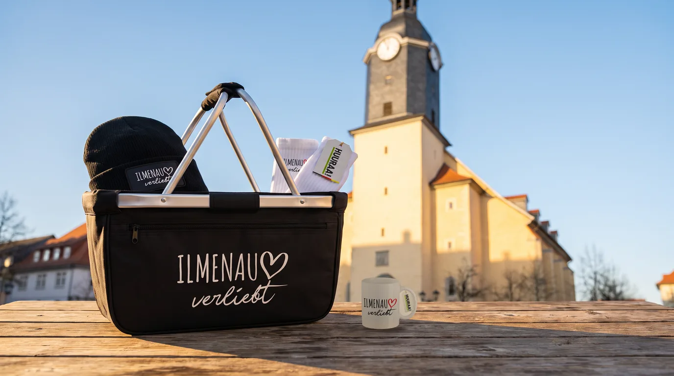 Schwarzer Einkaufskorb Ilmenau verliebt mit Beanie und Socken, daneben die weiße Kaffeetasse, auf einem Holztisch vor der Stadtkirche St. Jakobus
