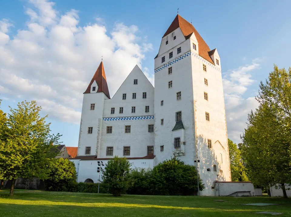 Weißes Neues Schloss in Ingolstadt mit hohem Turm, Staffelgiebel und blau-weißem Zierband