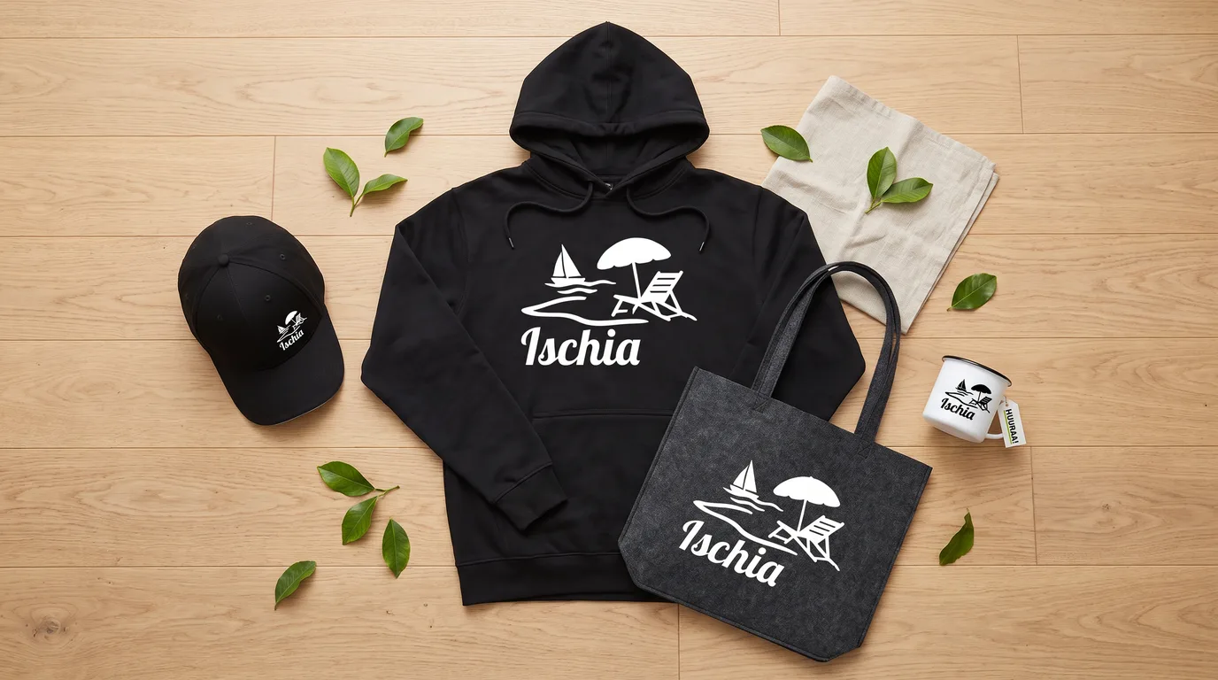 Flatlay mit schwarzem Hoodie, Cappy, Emaille-Tasse und grauem Filzshopper im Ischia-Inselmotiv auf hellem Holzboden