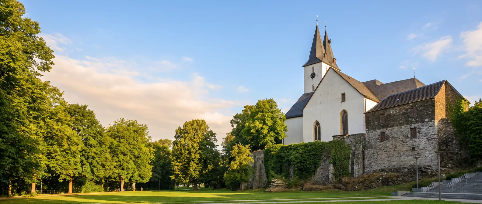 Die weiße Oberste Stadtkirche mit ihren zwei spitzen Schieferhelmen und das steinerne Burgmannshaus in Iserlohn bei Sonnenschein