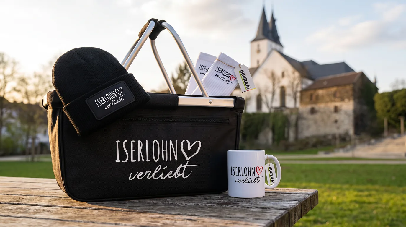 Faltbarer Einkaufskorb Iserlohn verliebt mit Beanie, Socken und Kaffeetasse auf einem Holztisch vor der Obersten Stadtkirche