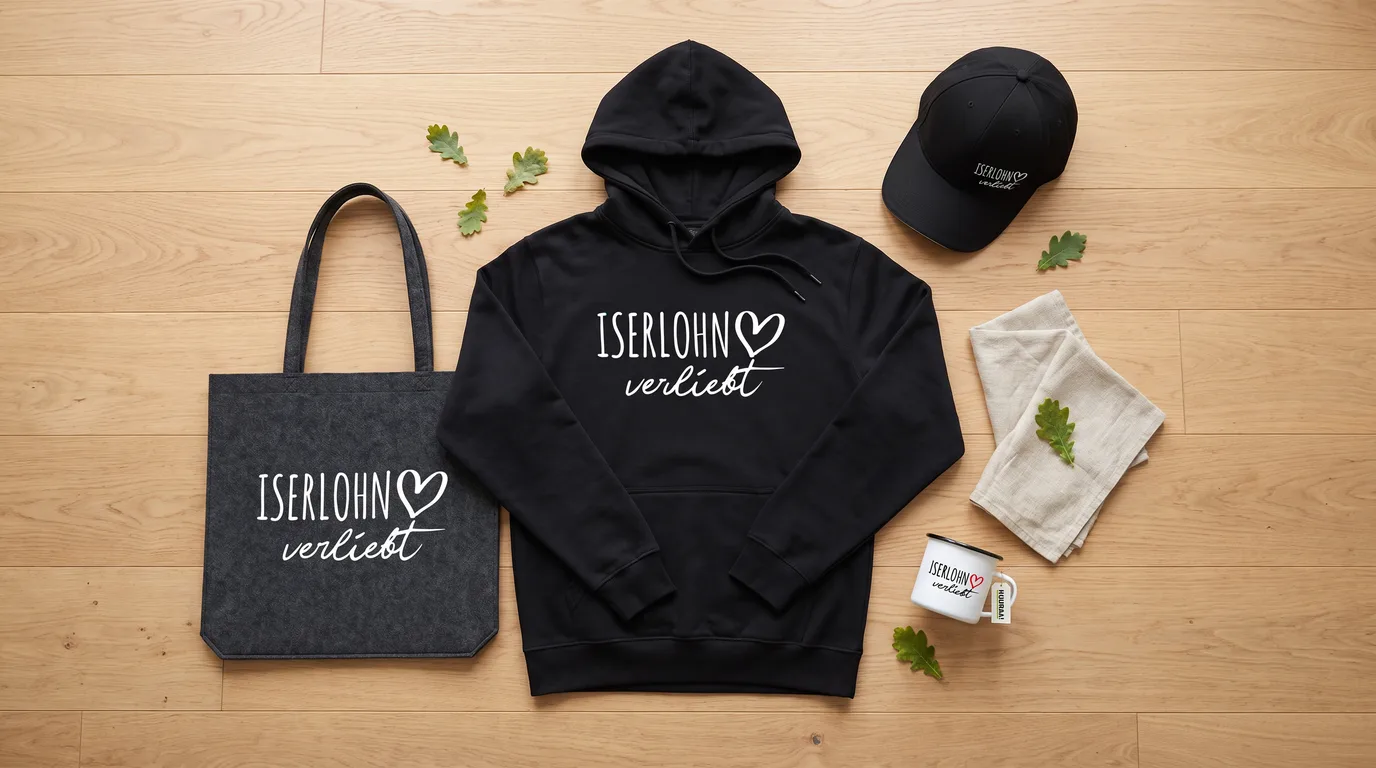 Flatlay mit schwarzem Hoodie, Cappy, Emaille-Tasse und grauem Filzshopper mit Iserlohn-verliebt-Druck auf Holzboden