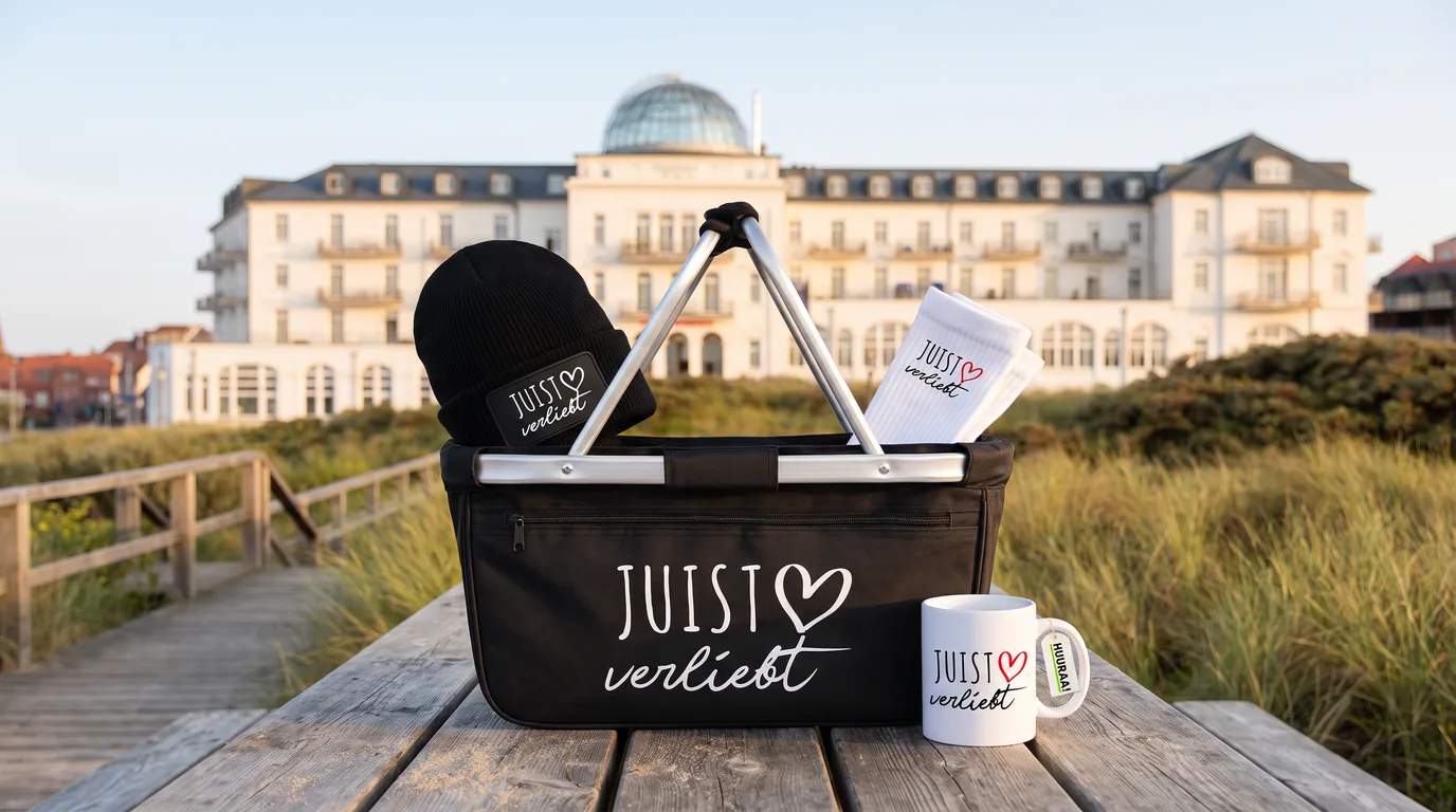 Schwarzer faltbarer Einkaufskorb „Juist verliebt“ mit Beanie und Socken, daneben die Kaffeetasse, auf einem Holztisch vor dem Kurhaus Juist