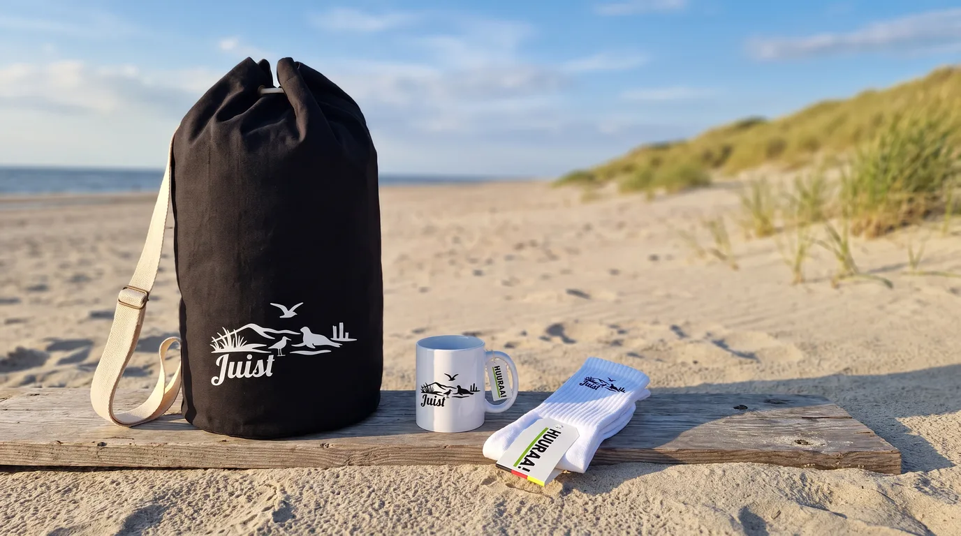 Schwarzer Seesack, Kaffeetasse und Socken mit Juist-Strandmotiv auf einem Holzbrett am Strand vor den Dünen