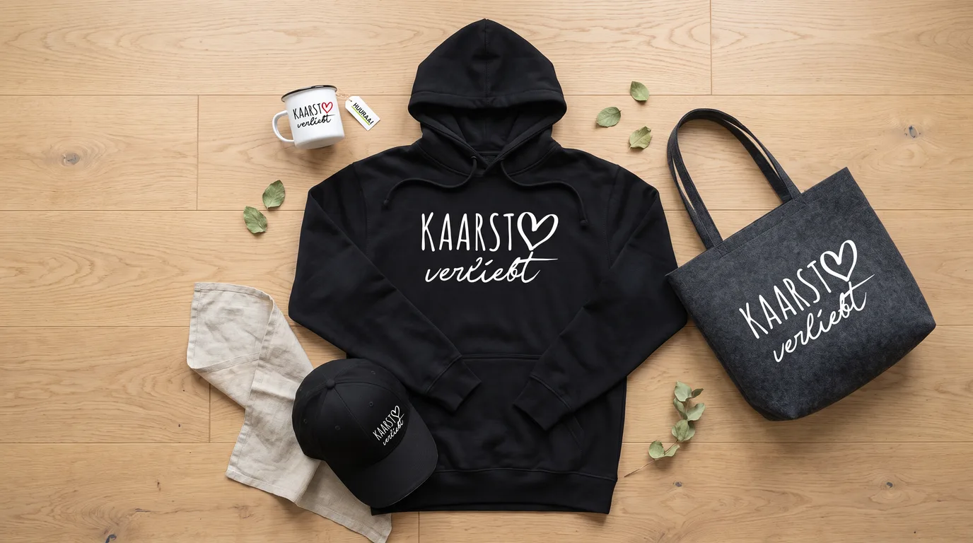 Flatlay mit schwarzem Hoodie, Cap, Emaille-Tasse und Filzshopper mit Kaarst-verliebt-Druck auf Holzboden