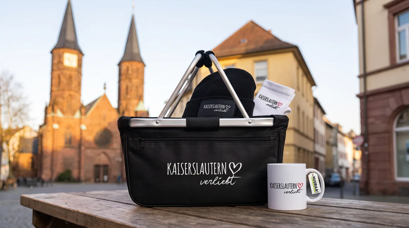 Schwarzer faltbarer Einkaufskorb „Kaiserslautern verliebt“ mit Beanie und Socken, daneben die Kaffeetasse, vor der Stiftskirche
