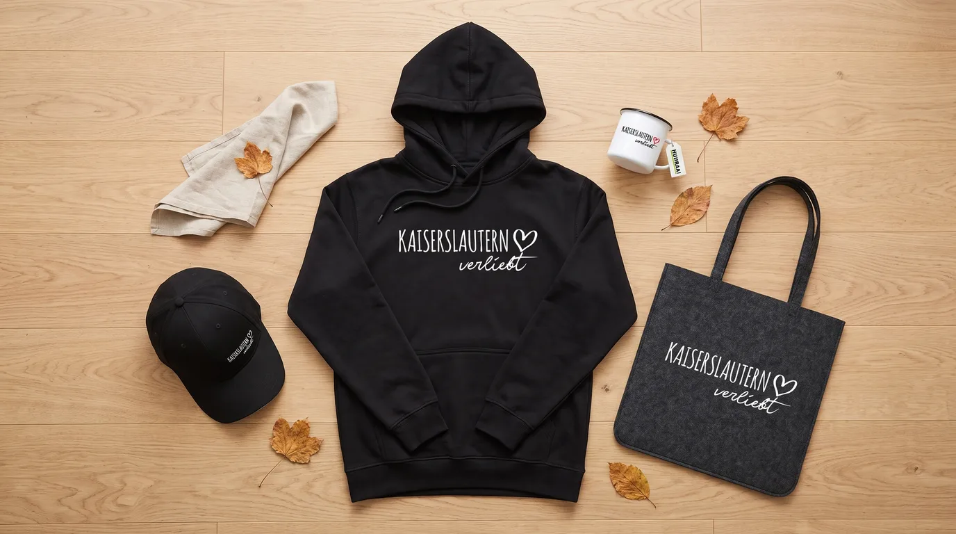 Flatlay mit schwarzem Hoodie, Cappy, Emaille-Tasse und Filzshopper „Kaiserslautern verliebt“ auf Holzboden