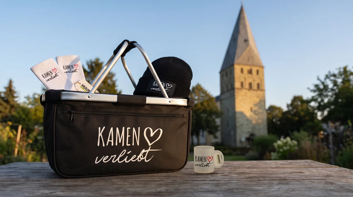 Schwarzer Einkaufskorb Kamen verliebt mit Beanie und Socken, daneben die weiße Kaffeetasse, auf einem Holztisch vor der Pauluskirche