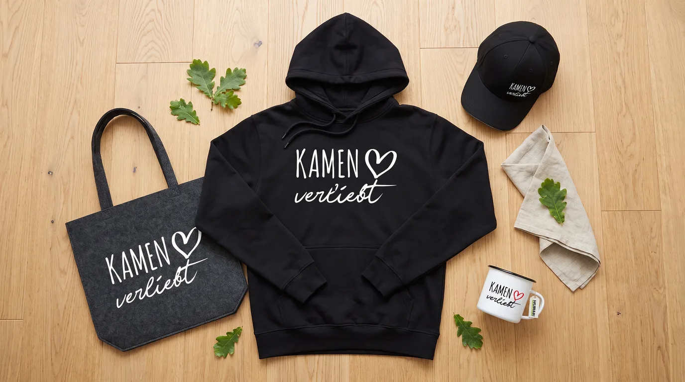 Flatlay mit schwarzem Hoodie Kamen verliebt, Cappy, Emaille-Tasse und grauem Filzshopper auf hellem Holzboden
