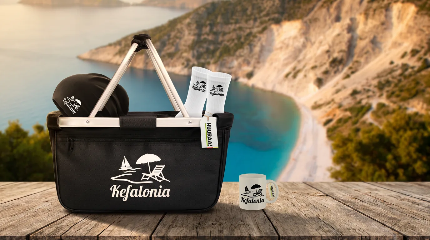 Schwarzer Einkaufskorb mit weißem Kefalonia-Inselmotiv, darin Beanie und Socken, daneben die Kaffeetasse Kefalonia auf einem Holztisch über dem Strand Myrtos