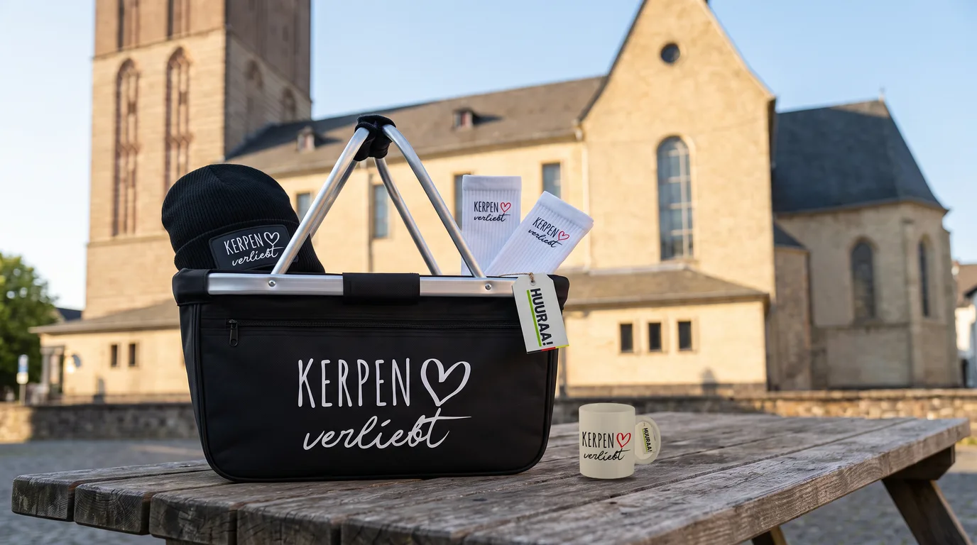 Faltbarer Einkaufskorb Kerpen verliebt mit Beanie und Socken, daneben eine Kaffeetasse, vor der Kirche St. Martinus