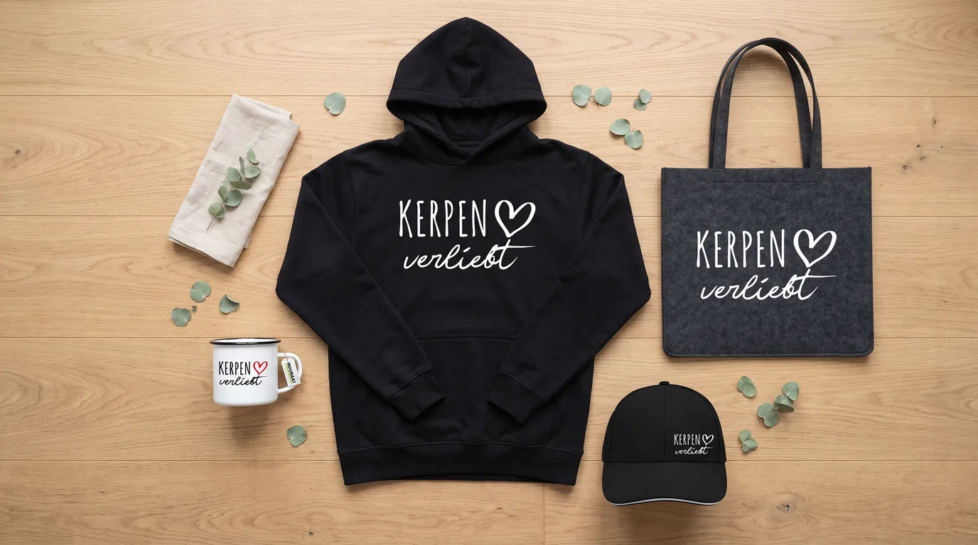 Flatlay mit schwarzem Hoodie, Cap, Emaille-Tasse und Filzshopper mit Kerpen-verliebt-Druck auf Holzboden