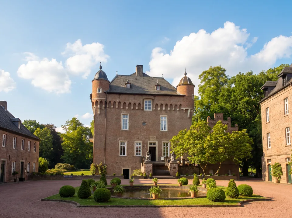 Schloss Loersfeld in Kerpen, ein Backsteinbau mit runden Ecktürmen, und der Innenhof mit Buchskugeln