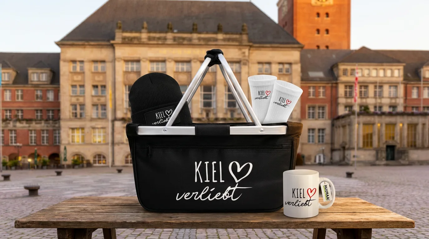 Schwarzer faltbarer Einkaufskorb „Kiel verliebt“ mit Beanie und Socken, daneben die Kaffeetasse, vor dem Kieler Rathaus