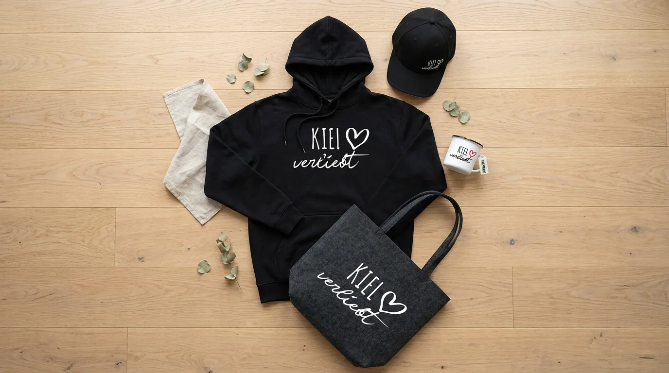 Flatlay mit schwarzem Hoodie, Cappy, Emaille-Tasse und Filzshopper „Kiel verliebt“ auf Holzboden