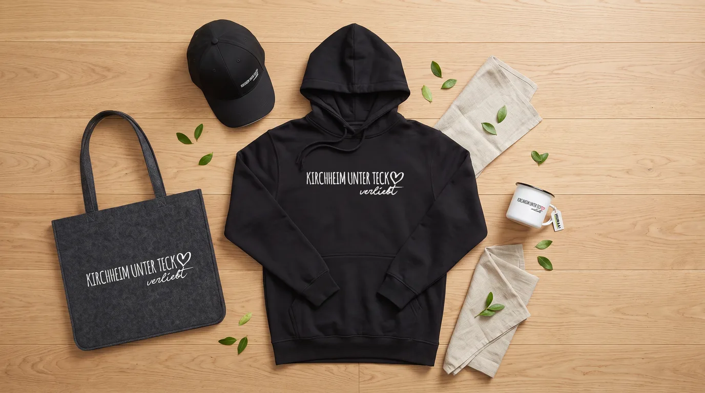Flatlay mit schwarzem Hoodie Kirchheim unter Teck verliebt, Cappy, Emaille-Tasse und grauem Filzshopper auf hellem Holzboden