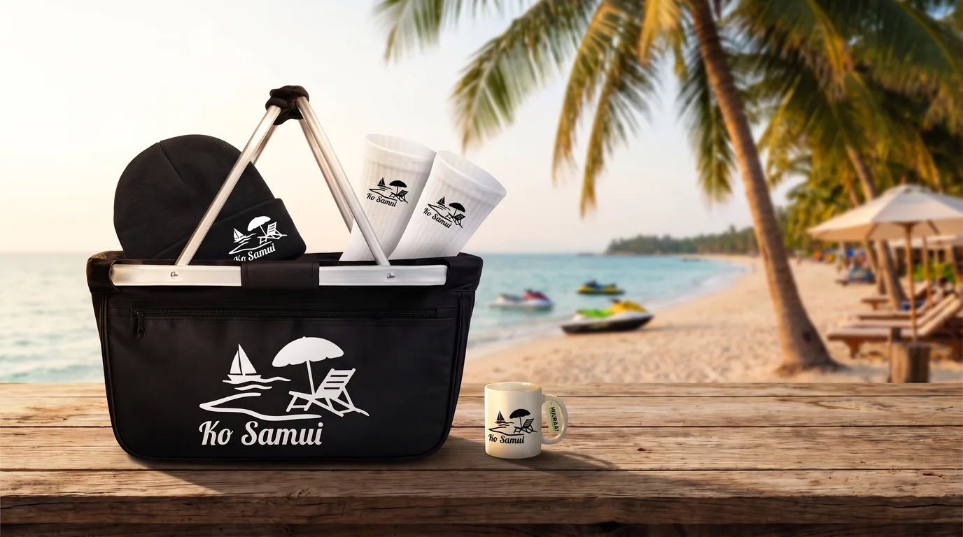Schwarzer faltbarer Einkaufskorb mit Ko Samui Inselmotiv, Beanie und Socken, daneben die Kaffeetasse, auf einem Tisch am Palmenstrand