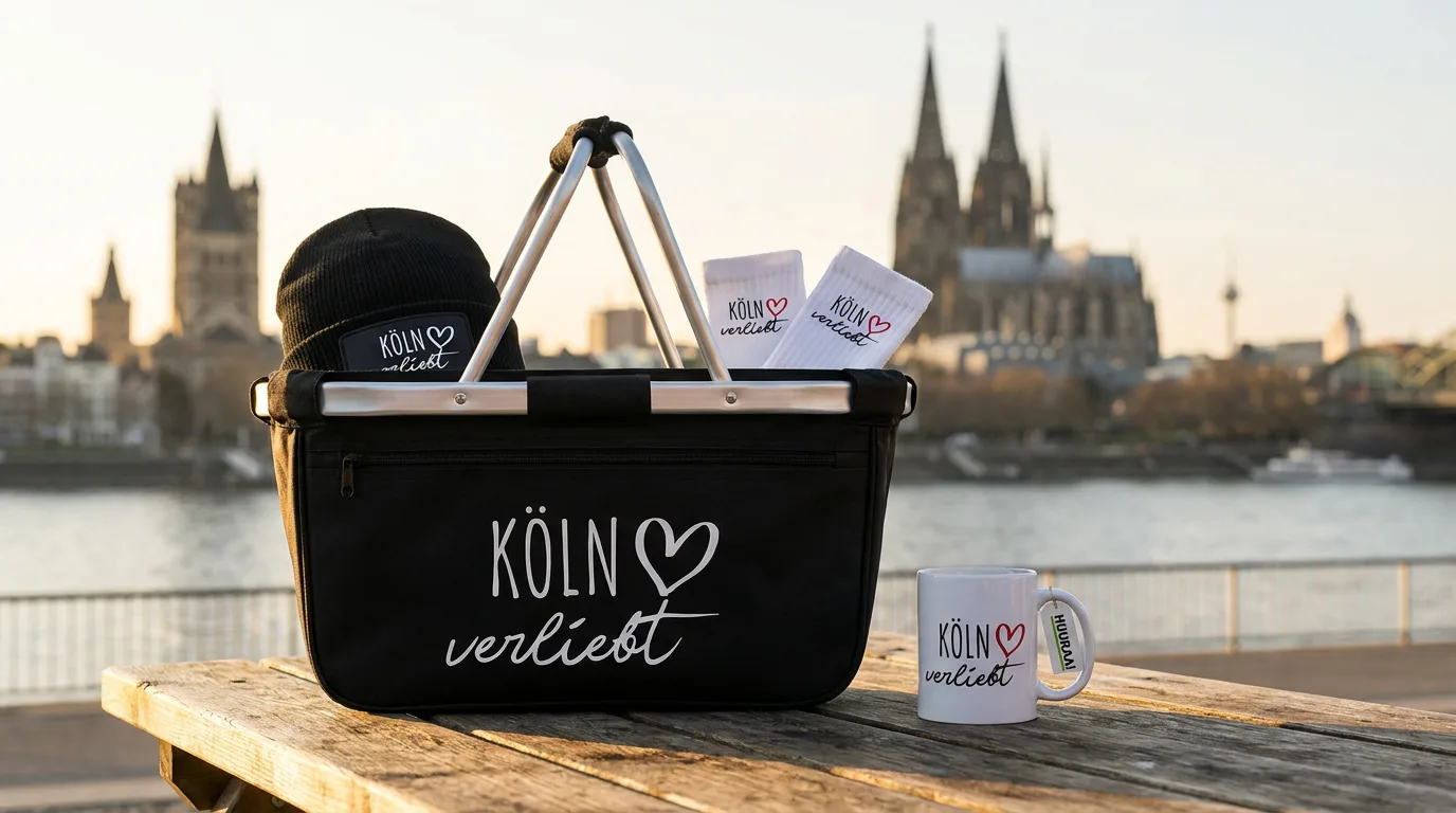 Schwarzer faltbarer Einkaufskorb „Köln verliebt“ mit Beanie und Socken, daneben die Kaffeetasse, vor Dom und Groß St. Martin am Rhein