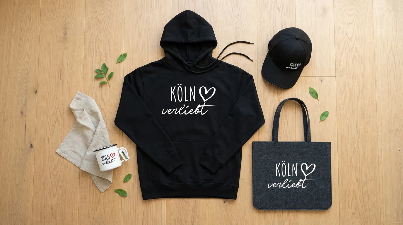 Flatlay mit schwarzem Hoodie „Köln verliebt“, Cap, Emaille-Tasse und grauem Filzshopper auf Holzboden