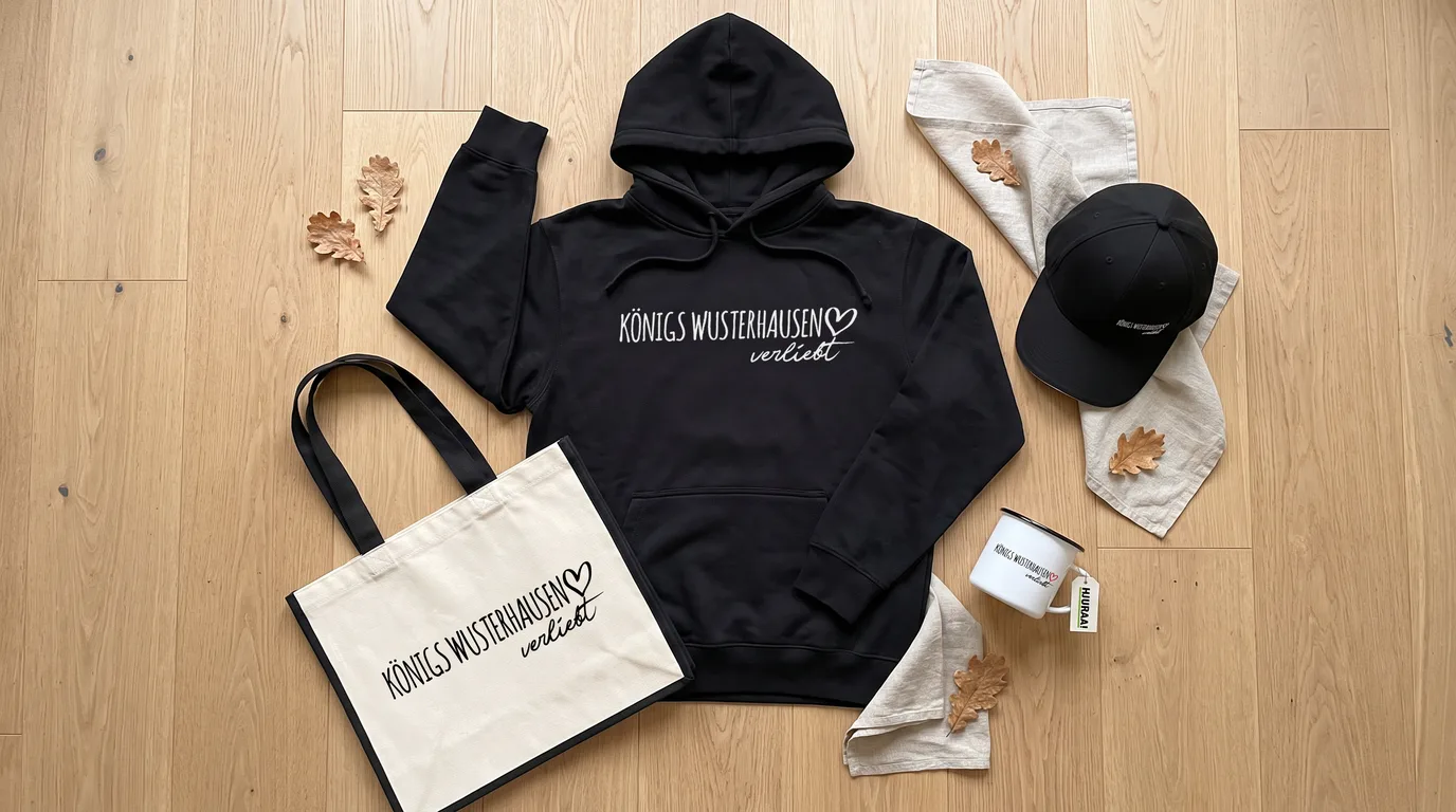 Flatlay mit schwarzem Hoodie Königs Wusterhausen verliebt, Jutetasche, Cappy und Emaille-Tasse auf hellem Holzboden