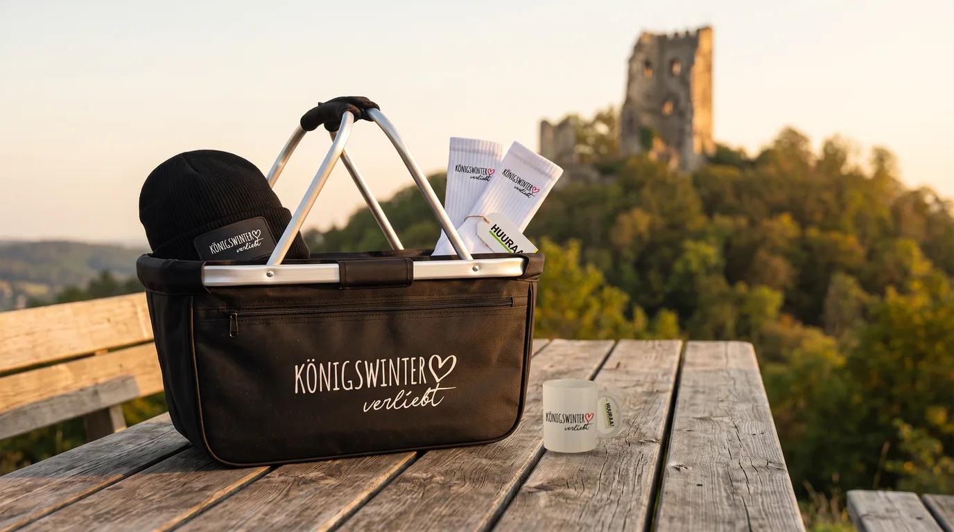 Schwarzer Einkaufskorb Königswinter verliebt mit Beanie und Socken, daneben die Kaffeetasse, vor der Burgruine Drachenfels