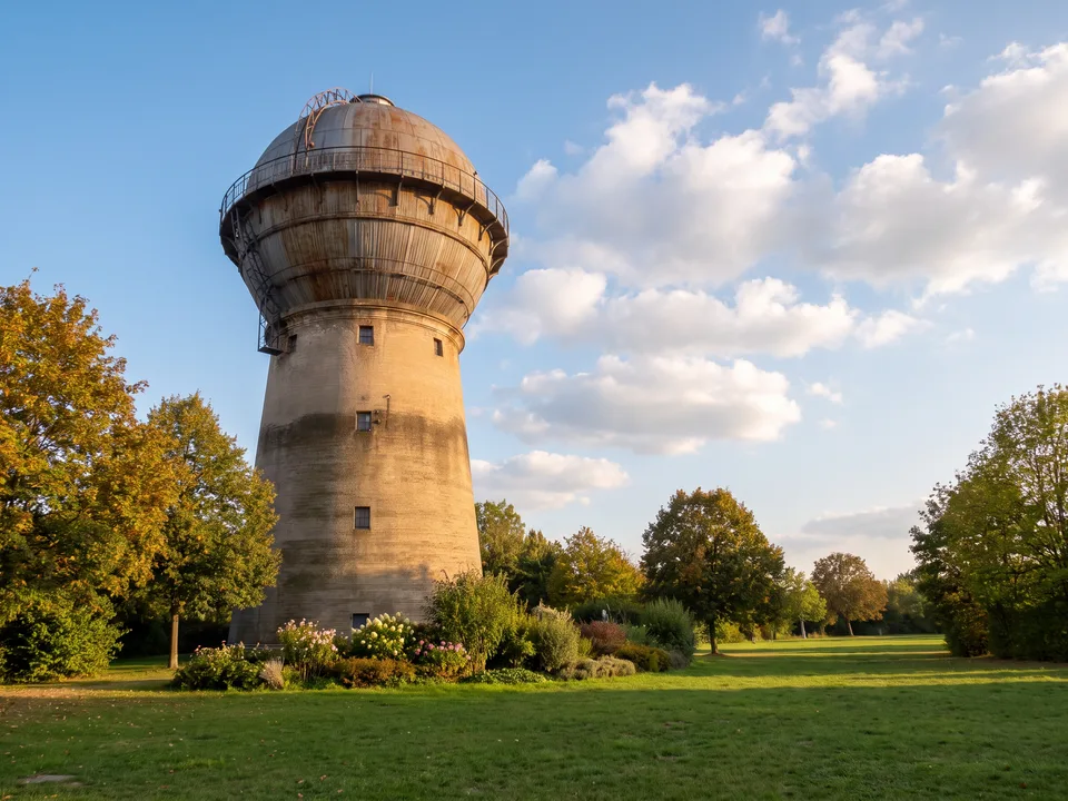 Der historische Bahn-Wasserturm in Kornwestheim mit kegelförmigem Schaft und rundem Behälter mit Kuppel im Abendlicht
