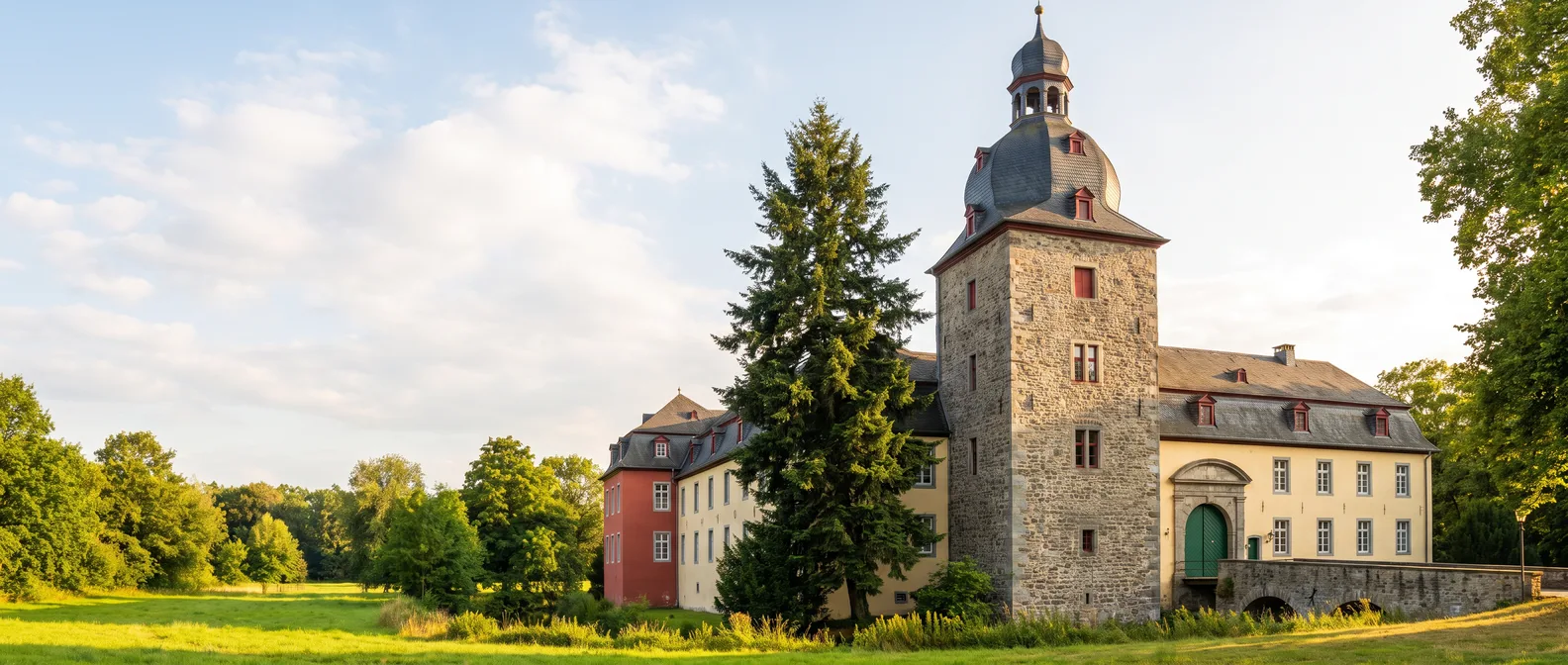 Schloss Liedberg in Korschenbroich mit mittelalterlichem Bruchsteinturm, barocker Schieferhaube und hellen Wohnflügeln im Sommerlicht