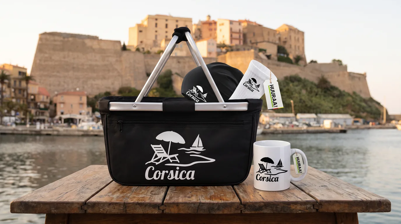 Schwarzer faltbarer Einkaufskorb „Corsica“ mit Beanie und Socken, daneben die Kaffeetasse, am Hafen vor der Zitadelle von Calvi