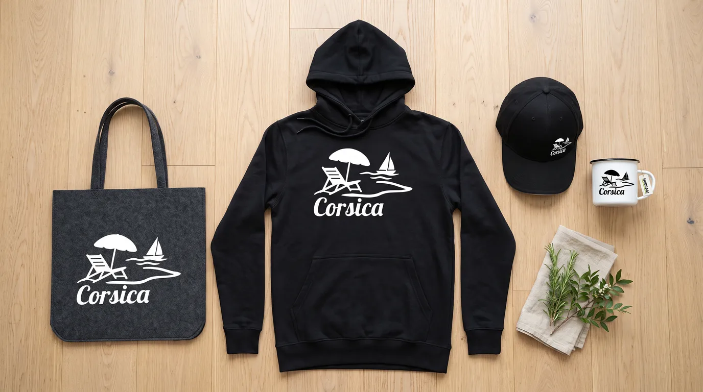 Flatlay mit schwarzem Hoodie, grauem Filzshopper, Cappy und Emaille-Tasse mit Corsica-Strandmotiv auf hellem Holzboden