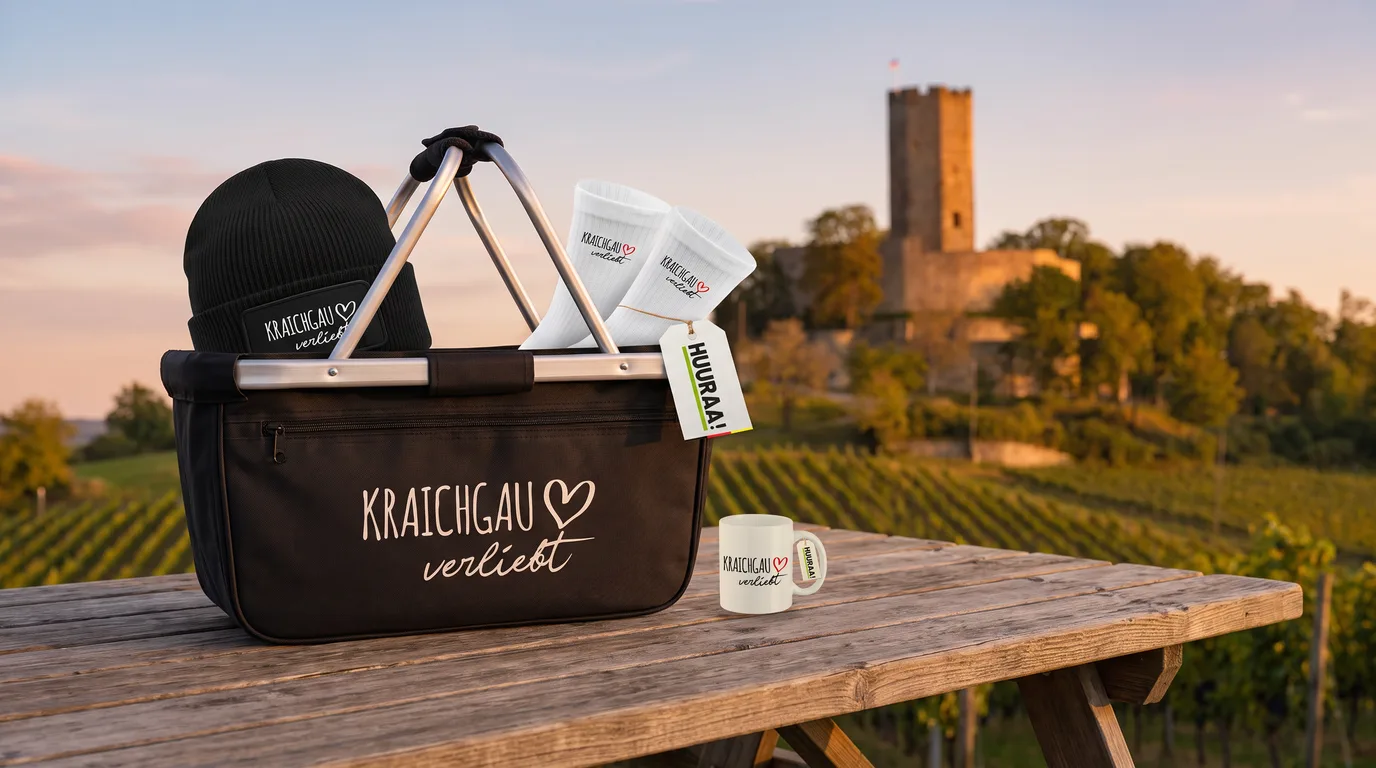 Schwarzer faltbarer Einkaufskorb „Kraichgau verliebt“ mit Beanie und Socken, daneben die Kaffeetasse, auf einem Holztisch vor Weinbergen und der Burg Steinsberg