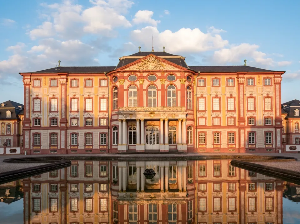 Barocker Mittelbau von Schloss Bruchsal mit rot-weißer Fassade, der sich in einem Wasserbecken spiegelt