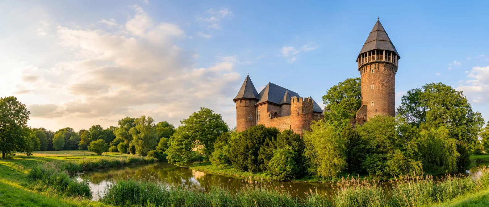 Die Wasserburg Burg Linn in Krefeld mit rundem Bergfried und Wassergraben im goldenen Abendlicht
