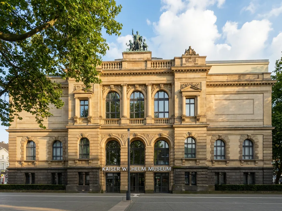 Die Sandsteinfassade des Kaiser-Wilhelm-Museums in Krefeld mit Bogenfenstern und Figurengruppe auf dem Dach