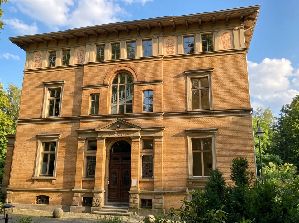Die Gelbe Villa in Dreslers Park in Kreuztal, ein gelber Backsteinbau im Stil eines florentinischen Renaissancepalazzo