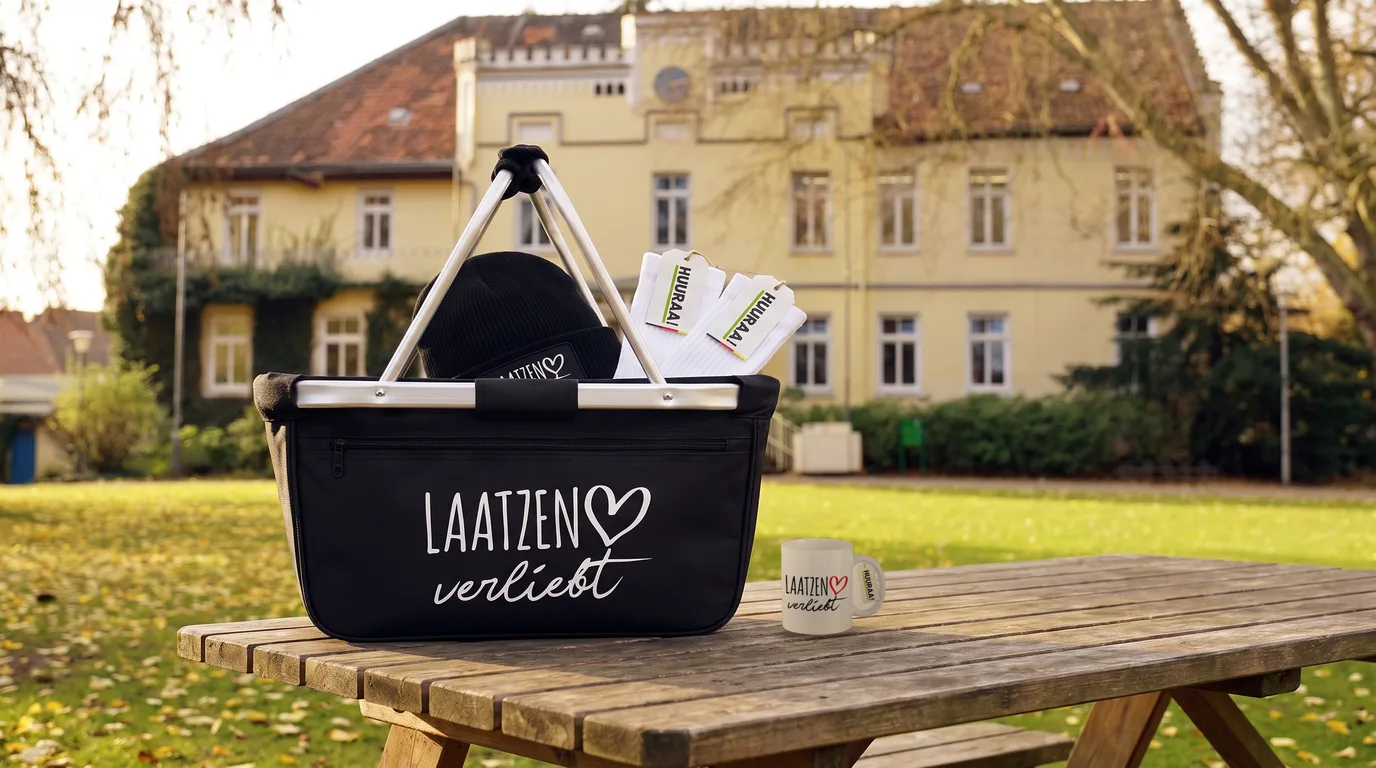 Schwarzer Einkaufskorb Laatzen verliebt mit Beanie und Socken, daneben die Kaffeetasse, auf einem Holztisch vor dem Alten Rathaus Laatzen