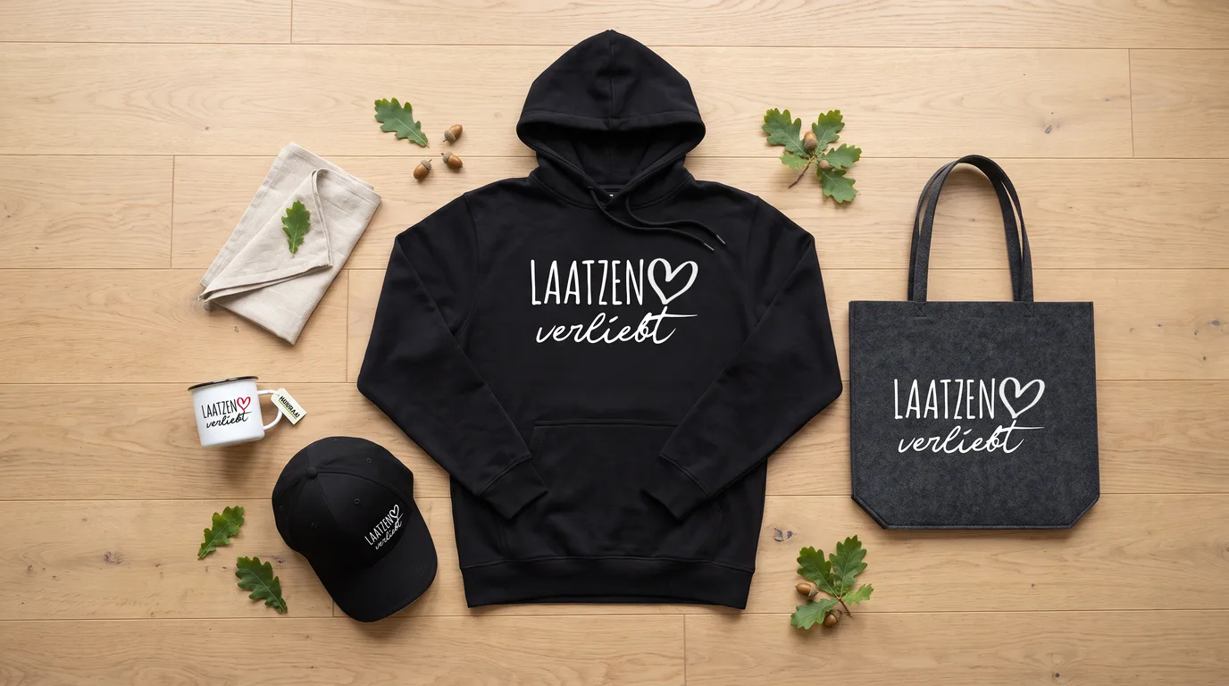 Flatlay mit schwarzem Hoodie Laatzen verliebt, Cappy, Emaille-Tasse und grauem Filzshopper auf Holzboden