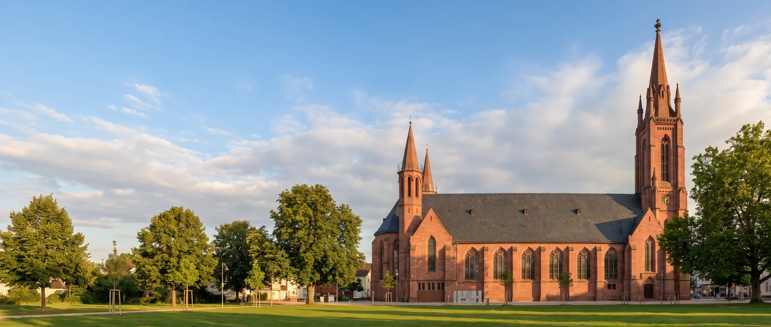 Die neugotische Domkirche Lampertheim aus rotem Sandstein mit hohem Hauptturm und zwei kleineren Türmen hinter einer Rasenfläche im Abendlicht