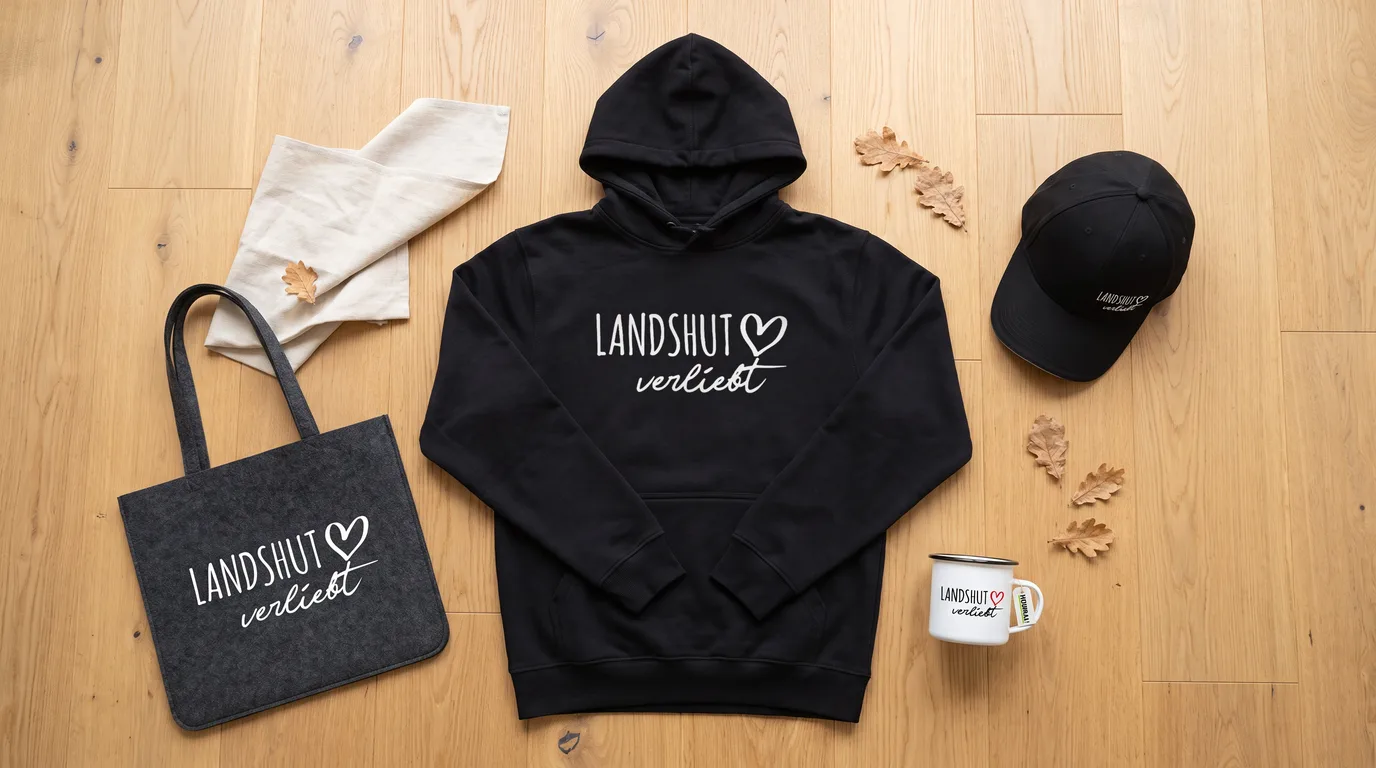 Flatlay mit schwarzem Hoodie, Cappy, Emaille-Tasse und grauem Filzshopper „Landshut verliebt“ auf hellem Holzboden